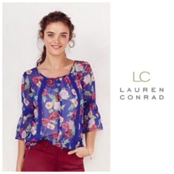 LC Lauren Conrad Womens Boho Blue Floral Chiffon Bell Sleeve Blouse Sz S New - Picture 6 of 7